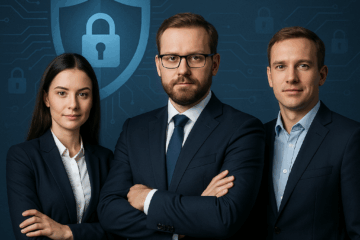 Zespół specjalistów SPARK-IT w garniturach na tle tarczy symbolizującej cyberbezpieczeństwo i schematu obwodów cyfrowych, z logo firmy.